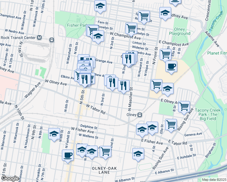 map of restaurants, bars, coffee shops, grocery stores, and more near 5601 North American Street in Philadelphia