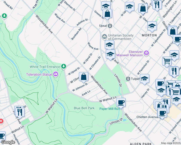 map of restaurants, bars, coffee shops, grocery stores, and more near 6417 Wissahickon Avenue in Philadelphia