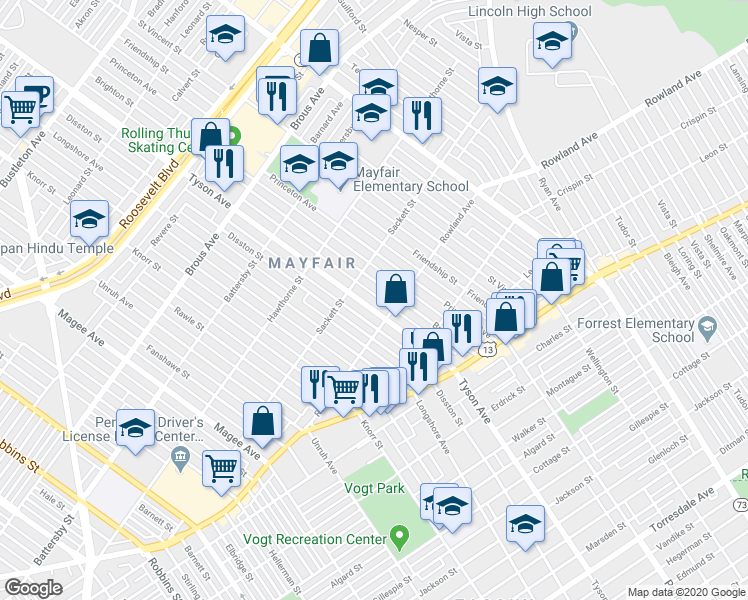 map of restaurants, bars, coffee shops, grocery stores, and more near 3233 Tyson Avenue in Philadelphia