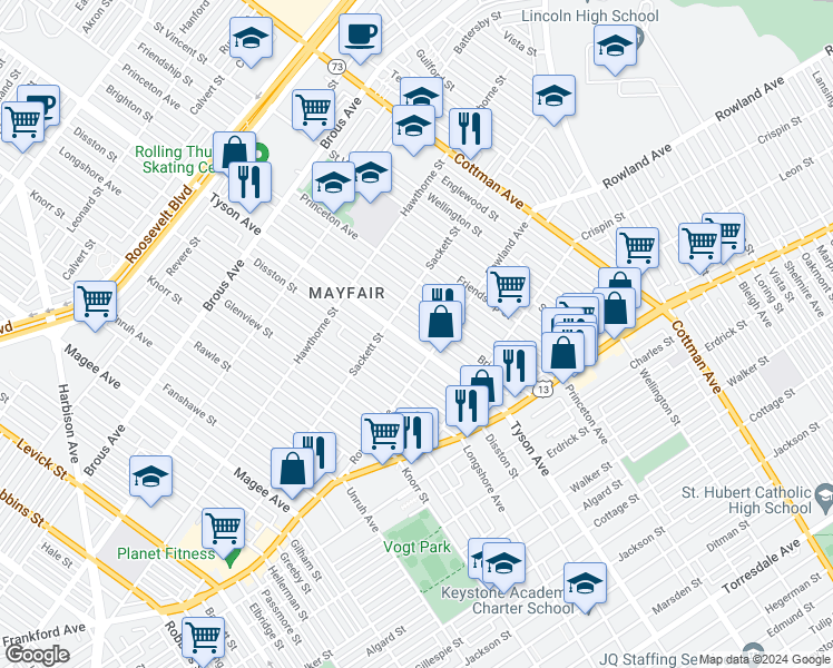 map of restaurants, bars, coffee shops, grocery stores, and more near 3233 Tyson Avenue in Philadelphia