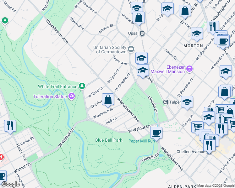 map of restaurants, bars, coffee shops, grocery stores, and more near 630 West Cliveden Street in Philadelphia