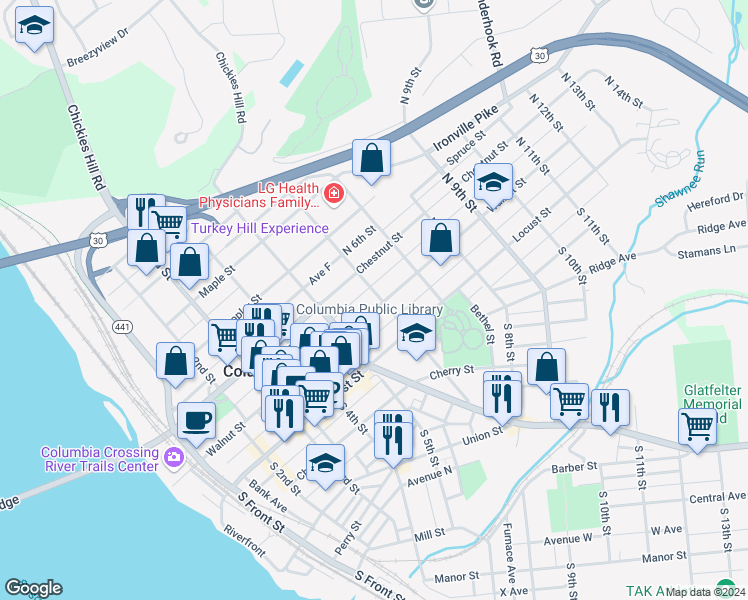 map of restaurants, bars, coffee shops, grocery stores, and more near 567 Walnut Street in Columbia