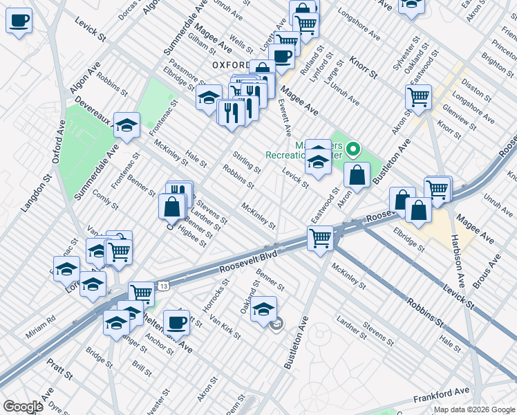 map of restaurants, bars, coffee shops, grocery stores, and more near 6287 Large Street in Philadelphia