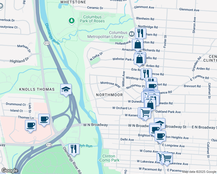 map of restaurants, bars, coffee shops, grocery stores, and more near 225 Montrose Way in Columbus