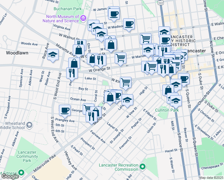map of restaurants, bars, coffee shops, grocery stores, and more near 52 Old Dorwart Street in Lancaster