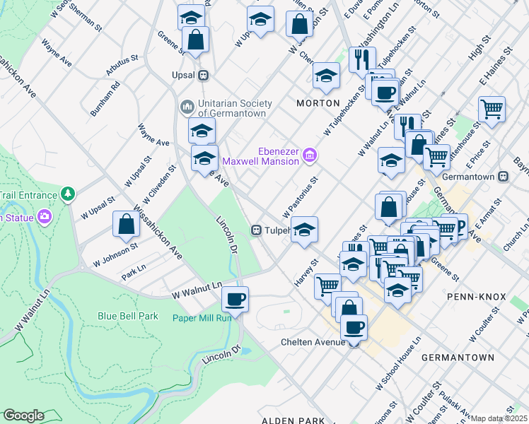 map of restaurants, bars, coffee shops, grocery stores, and more near Wayne Ave & W Tulpehocken St in Philadelphia
