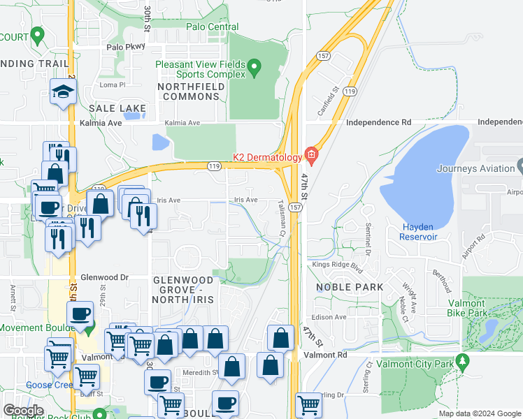 map of restaurants, bars, coffee shops, grocery stores, and more near 3720 Iris Avenue in Boulder