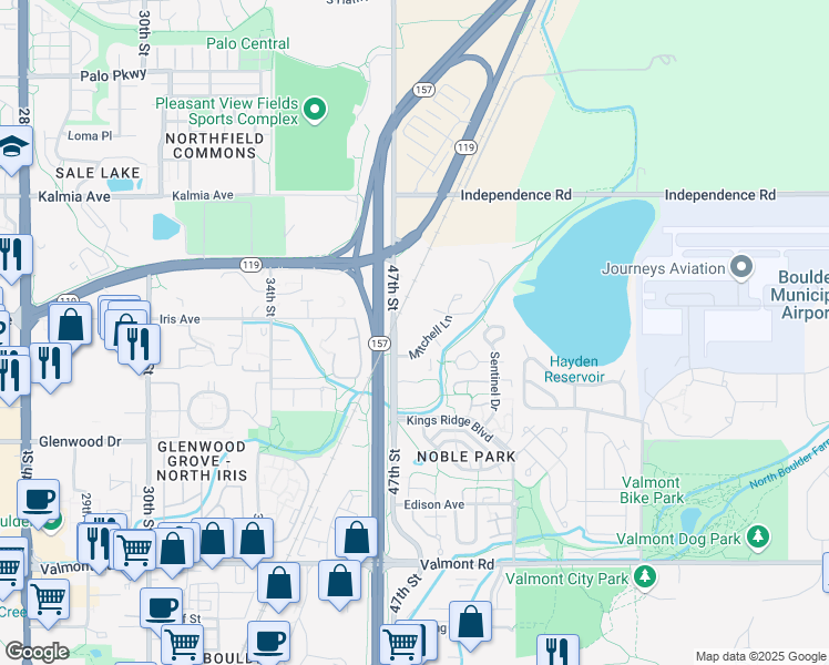 map of restaurants, bars, coffee shops, grocery stores, and more near 3375 Mitchell Lane in Boulder
