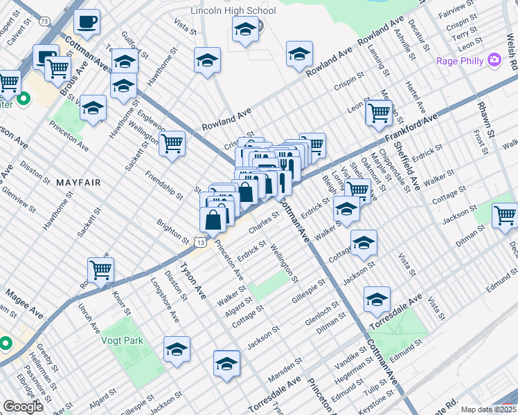 map of restaurants, bars, coffee shops, grocery stores, and more near 7217 Frankford Avenue in Philadelphia