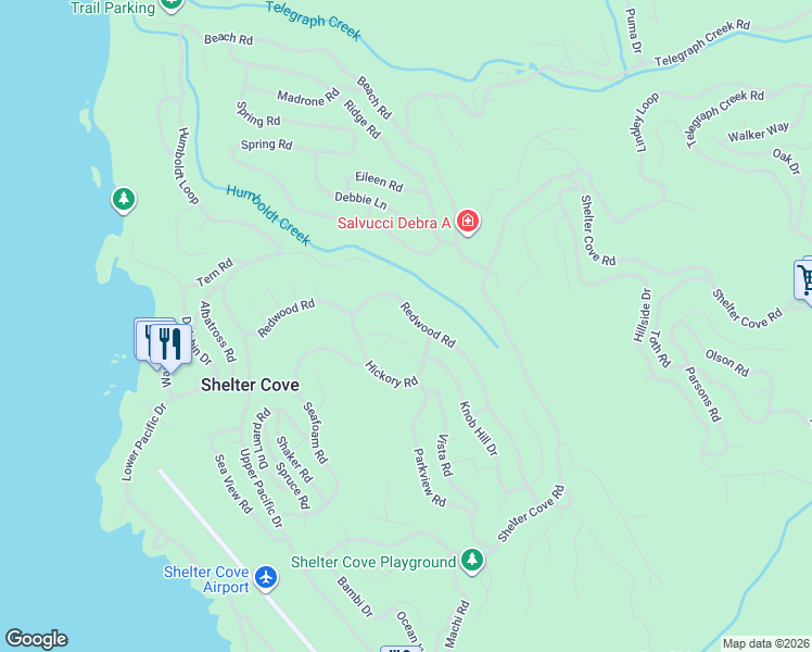 map of restaurants, bars, coffee shops, grocery stores, and more near 529 Redwood Road in Whitethorn