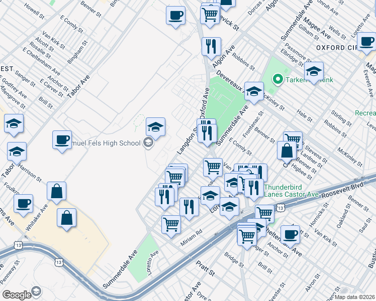 map of restaurants, bars, coffee shops, grocery stores, and more near 1033 Alcott Street in Philadelphia