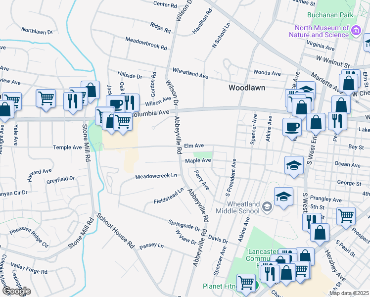 map of restaurants, bars, coffee shops, grocery stores, and more near 1252 Elm Avenue in Lancaster