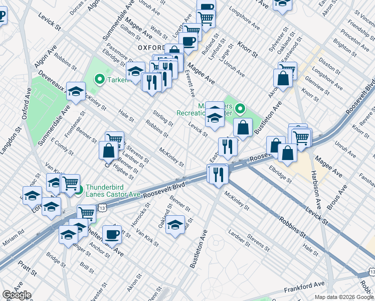 map of restaurants, bars, coffee shops, grocery stores, and more near Robbins St & Everett St in Philadelphia