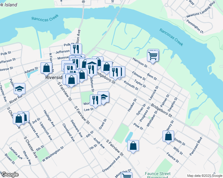 map of restaurants, bars, coffee shops, grocery stores, and more near 224 East Washington Street in Riverside