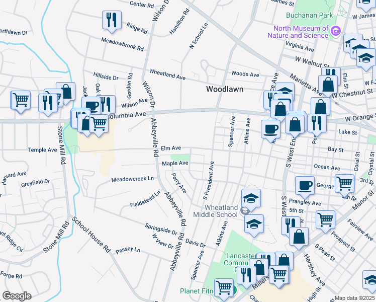 map of restaurants, bars, coffee shops, grocery stores, and more near 1202 Elm Avenue in Lancaster