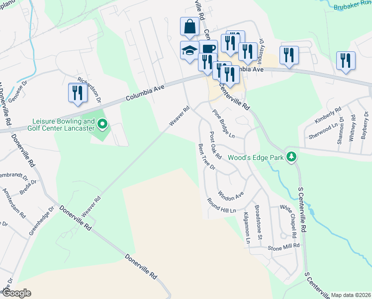 map of restaurants, bars, coffee shops, grocery stores, and more near 145 Weaver Road in Lancaster