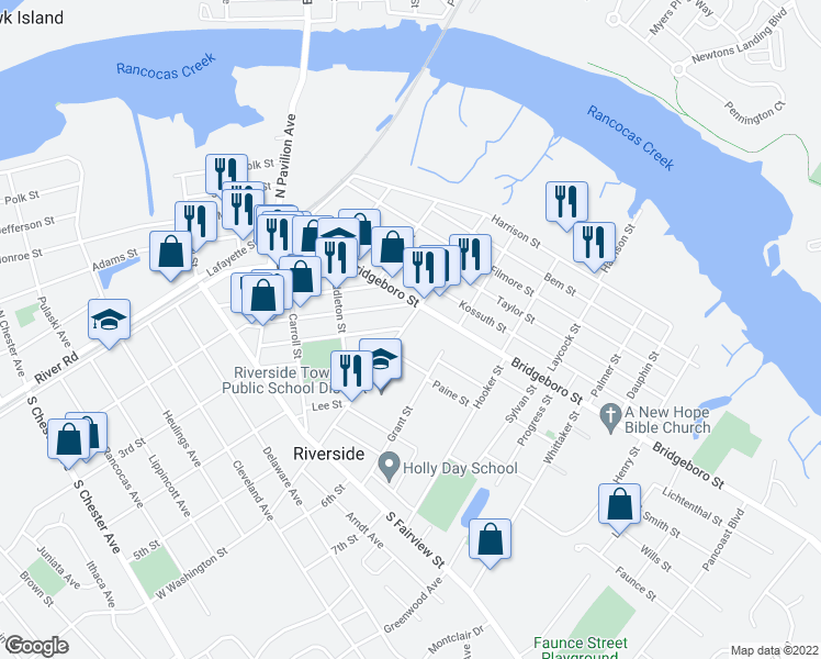 map of restaurants, bars, coffee shops, grocery stores, and more near 224 East Washington Street in Riverside