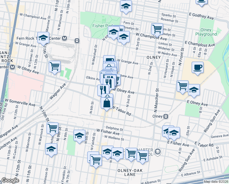 map of restaurants, bars, coffee shops, grocery stores, and more near 426 West Olney Avenue in Philadelphia