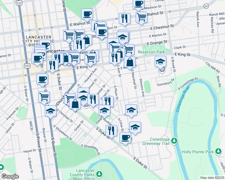 map of restaurants, bars, coffee shops, grocery stores, and more near 37 Green Street in Lancaster