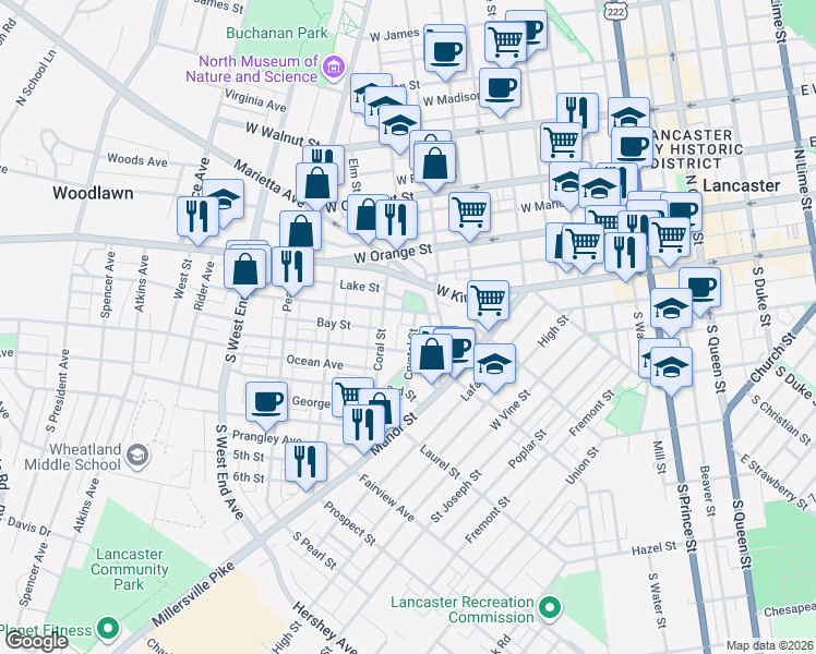 map of restaurants, bars, coffee shops, grocery stores, and more near 534 1st Street in Lancaster