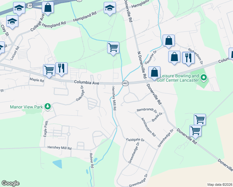 map of restaurants, bars, coffee shops, grocery stores, and more near 124 Hershey Mill Road in Mountville