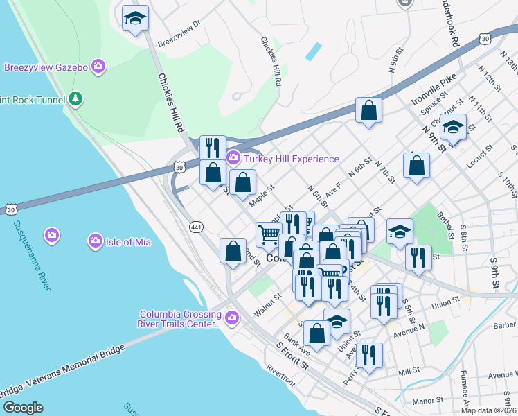map of restaurants, bars, coffee shops, grocery stores, and more near 346 Maple Street in Columbia