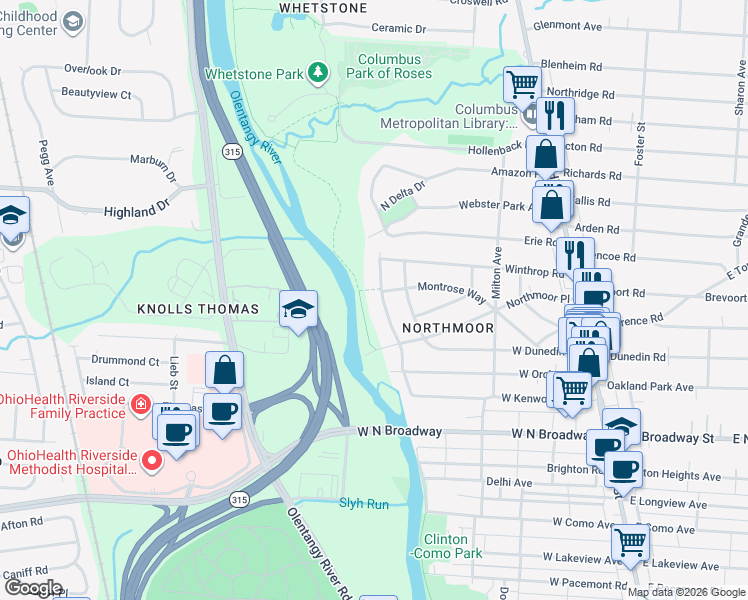 map of restaurants, bars, coffee shops, grocery stores, and more near 3711 Olentangy Boulevard in Columbus