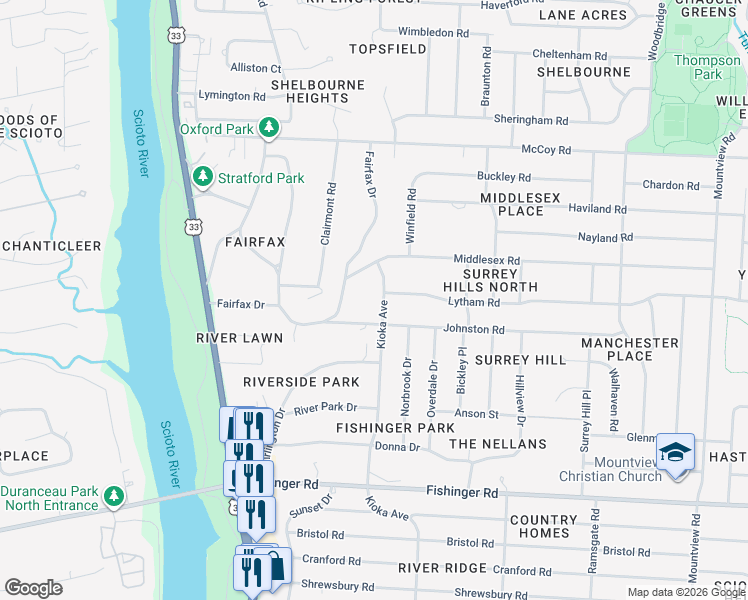 map of restaurants, bars, coffee shops, grocery stores, and more near 2601 Middlesex Road in Columbus