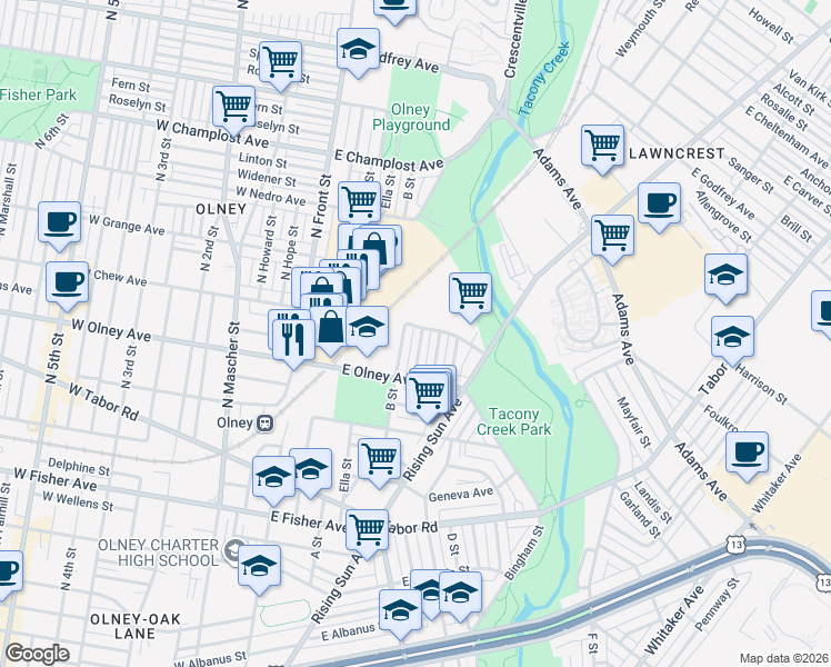 map of restaurants, bars, coffee shops, grocery stores, and more near 5652 Ormes Street in Philadelphia