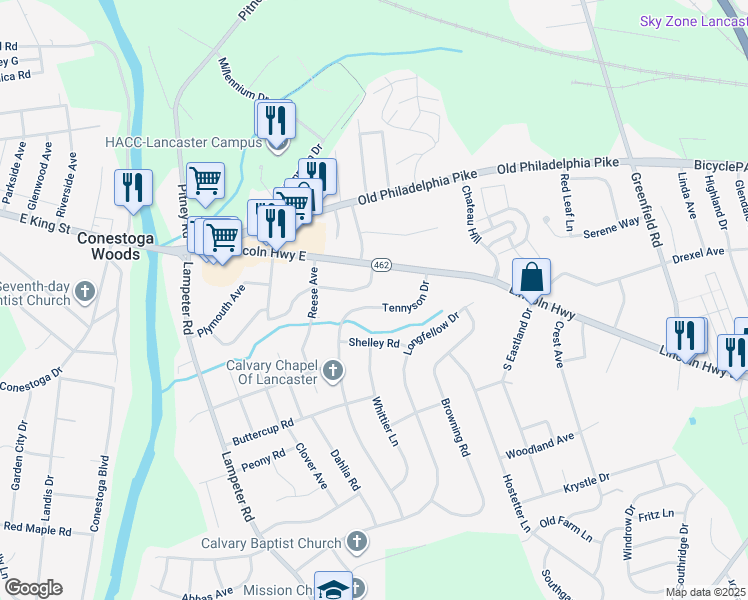 map of restaurants, bars, coffee shops, grocery stores, and more near 48 Tennyson Drive in Lancaster