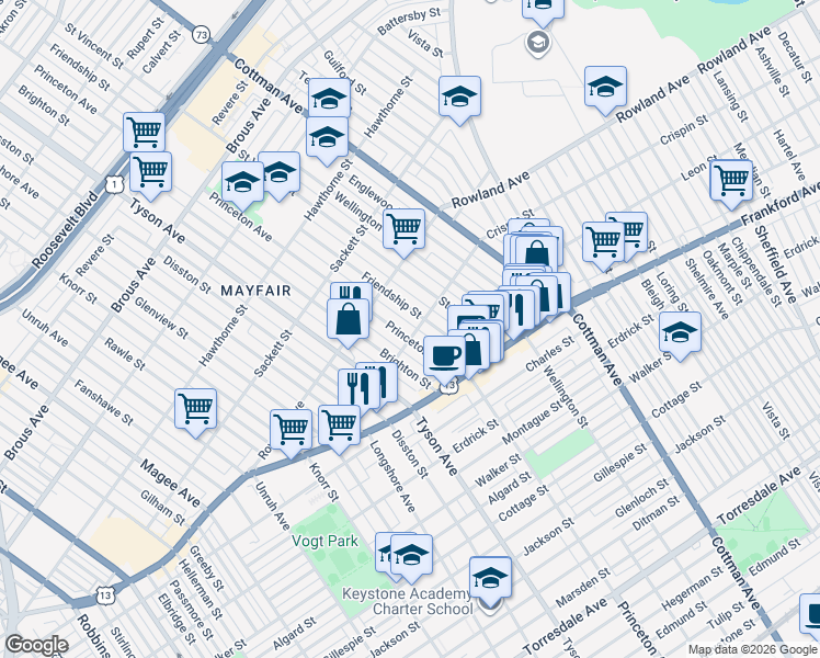 map of restaurants, bars, coffee shops, grocery stores, and more near 3359 Friendship Street in Philadelphia