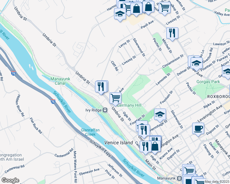 map of restaurants, bars, coffee shops, grocery stores, and more near 100 Parker Avenue in Philadelphia
