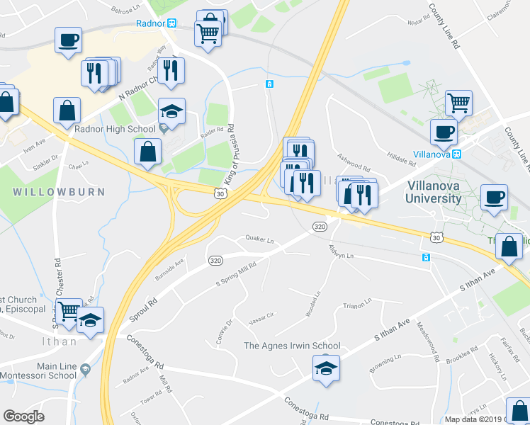 map of restaurants, bars, coffee shops, grocery stores, and more near 714 Lancaster Avenue in Villanova