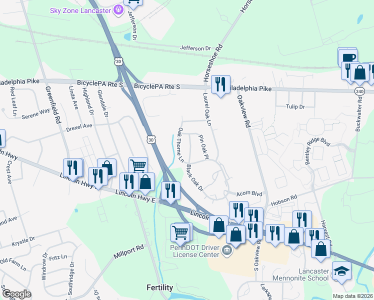 map of restaurants, bars, coffee shops, grocery stores, and more near 310 Oak Leaf Lane in Lancaster