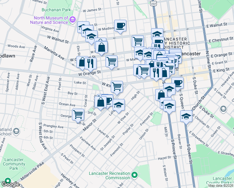 map of restaurants, bars, coffee shops, grocery stores, and more near 1 Campbell Avenue in Lancaster