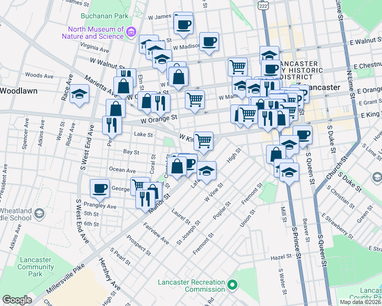 map of restaurants, bars, coffee shops, grocery stores, and more near 33 Old Dorwart Street in Lancaster