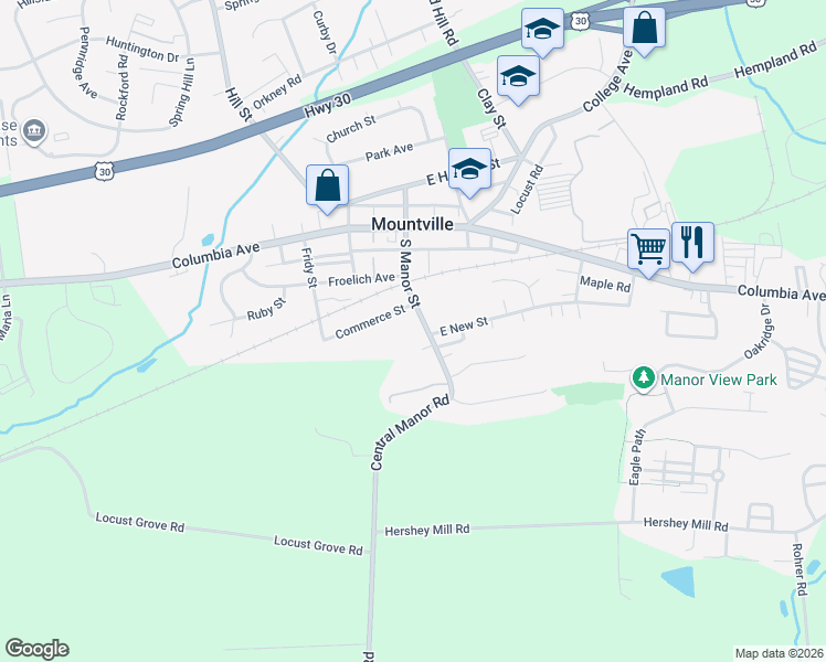 map of restaurants, bars, coffee shops, grocery stores, and more near 210 South Manor Street in Mountville