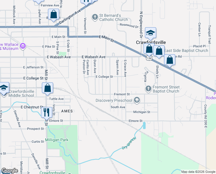 map of restaurants, bars, coffee shops, grocery stores, and more near 512 Wilson Avenue in Crawfordsville