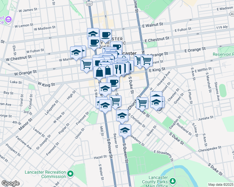map of restaurants, bars, coffee shops, grocery stores, and more near 106 South Queen Street in Lancaster