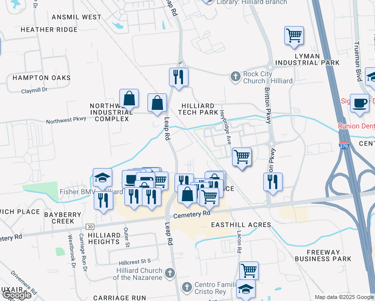 map of restaurants, bars, coffee shops, grocery stores, and more near 4100 Leap Road in Hilliard