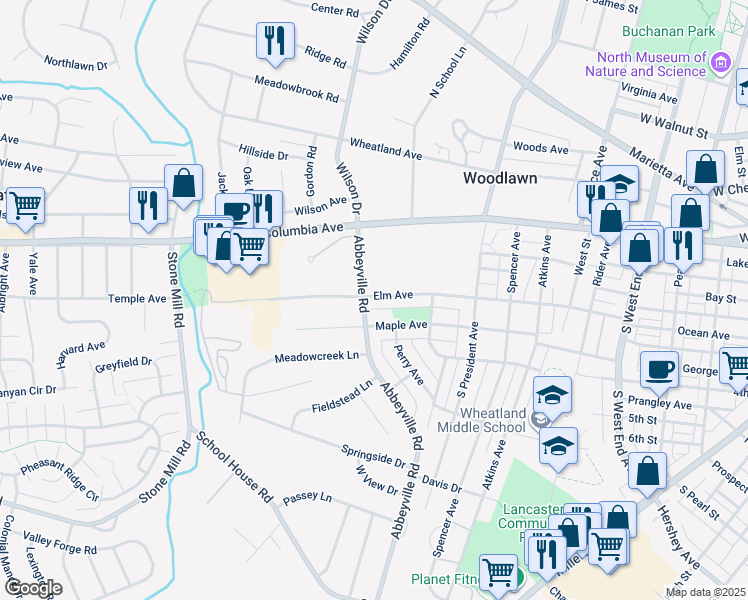 map of restaurants, bars, coffee shops, grocery stores, and more near 1252 Elm Avenue in Lancaster