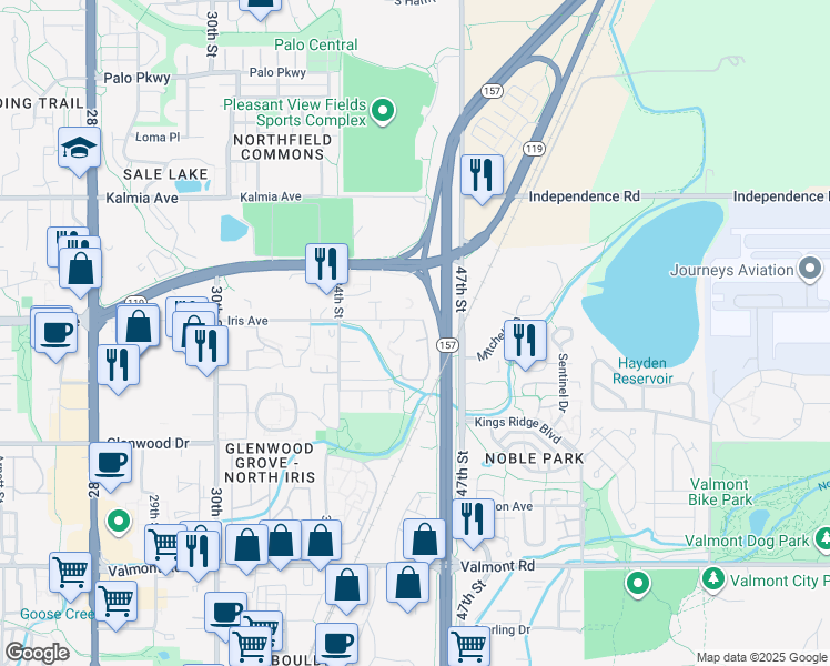 map of restaurants, bars, coffee shops, grocery stores, and more near 3790 Iris Avenue in Boulder