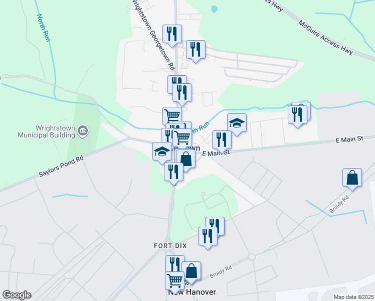 map of restaurants, bars, coffee shops, grocery stores, and more near 5 East Main Street in Wrightstown