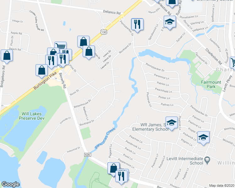 map of restaurants, bars, coffee shops, grocery stores, and more near 29 Roxborough Place in Willingboro