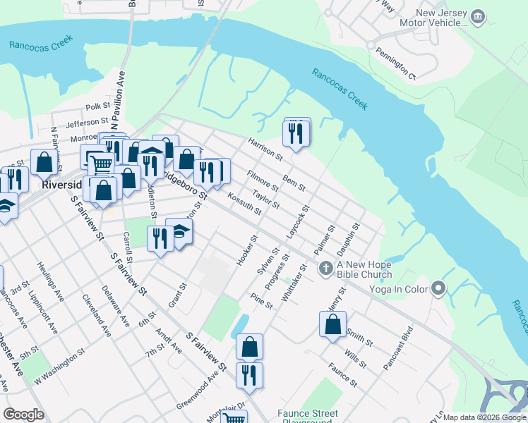 map of restaurants, bars, coffee shops, grocery stores, and more near 545 Kossuth Street in Riverside