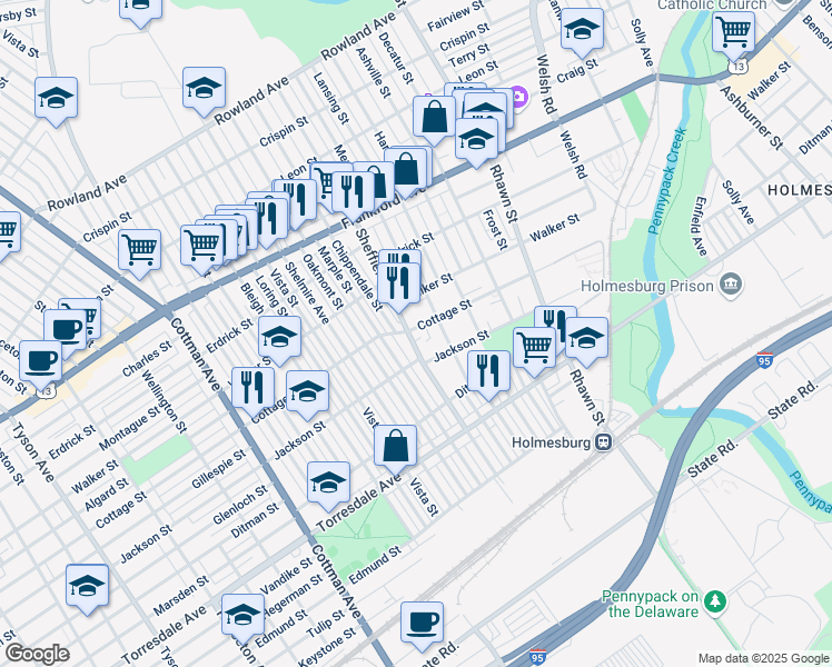 map of restaurants, bars, coffee shops, grocery stores, and more near 4317 Sheffield Avenue in Philadelphia