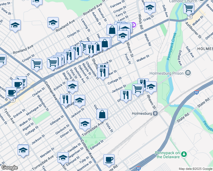 map of restaurants, bars, coffee shops, grocery stores, and more near 4317 Sheffield Avenue in Philadelphia