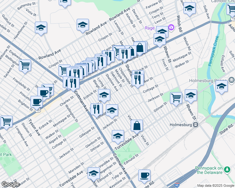 map of restaurants, bars, coffee shops, grocery stores, and more near 4301 Shelmire Avenue in Philadelphia