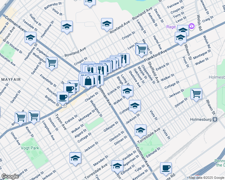 map of restaurants, bars, coffee shops, grocery stores, and more near 4058 Aldine St in Philadelphia
