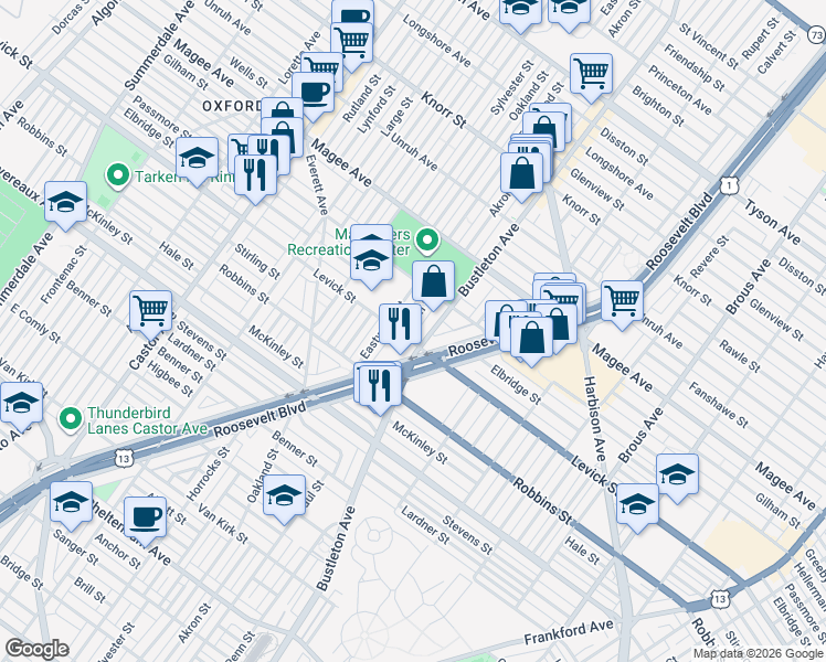 map of restaurants, bars, coffee shops, grocery stores, and more near 6427 Akron Street in Philadelphia